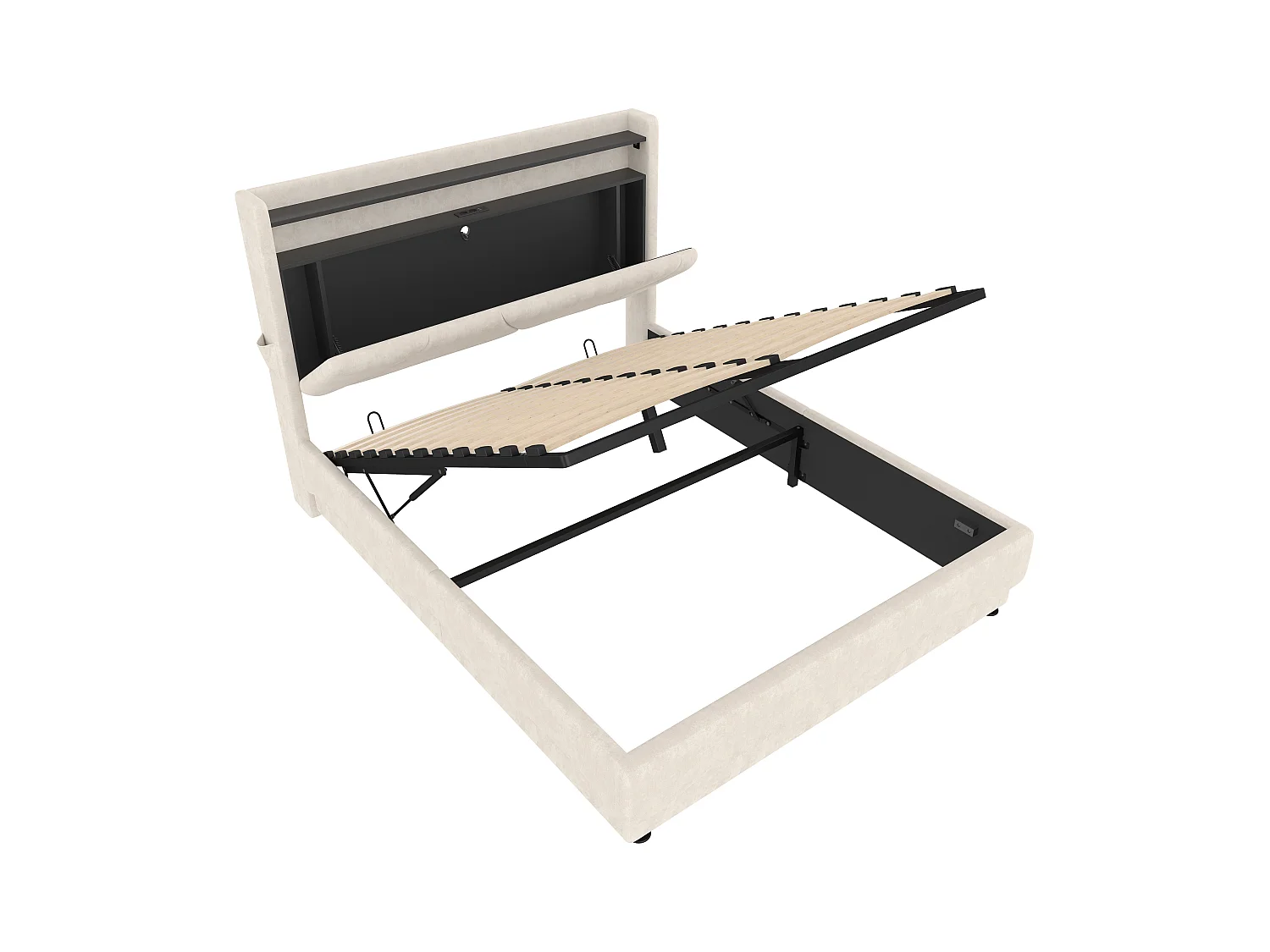 Cama estofada com arrumação - 160 x 200 cm - cabeceira com LEDs e prateleiras - com portas USB + bolsos laterais - veludo - bege