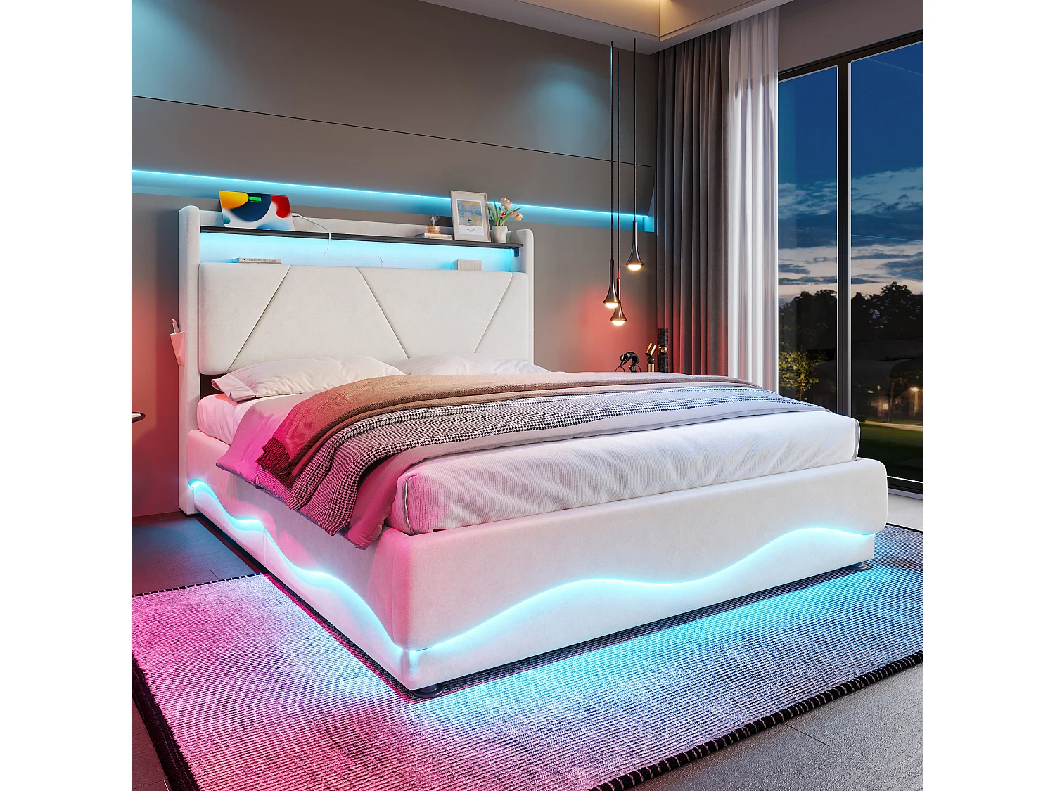 Lit coffre rembourré - 160 x 200 cm - tête de lit avec Leds et étagères  - avec ports USB + poches latérales - velours - beige