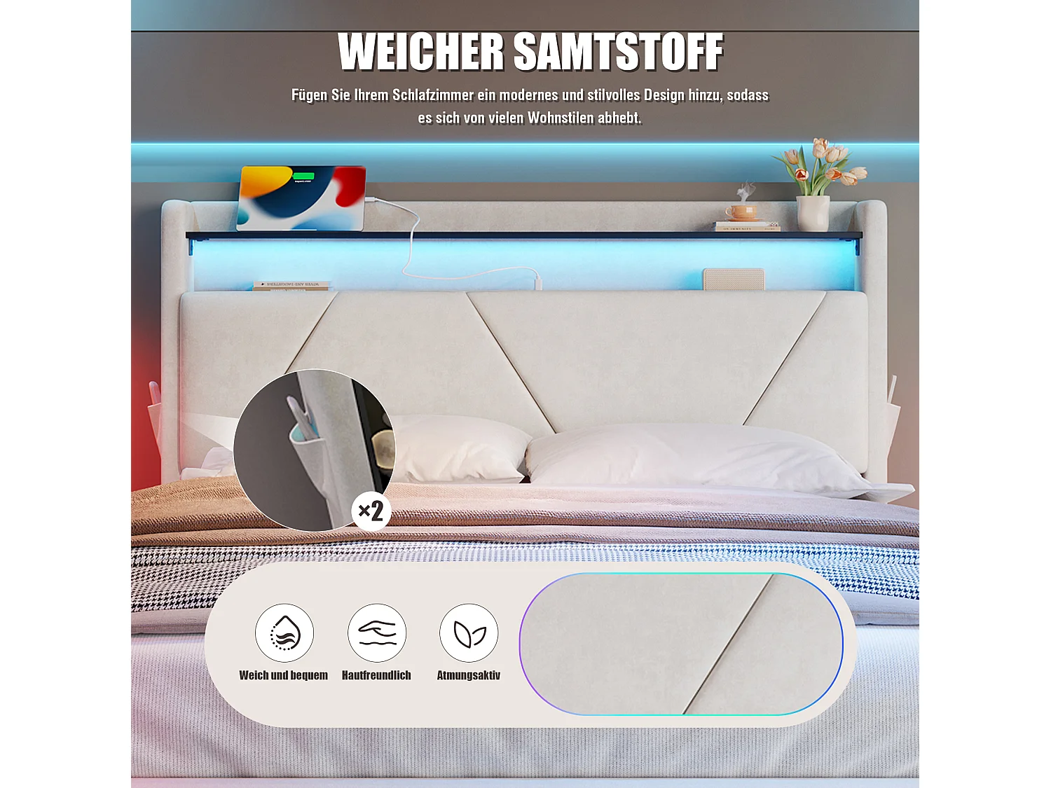 Lit coffre rembourré - 160 x 200 cm - tête de lit avec Leds et étagères  - avec ports USB + poches latérales - velours - beige