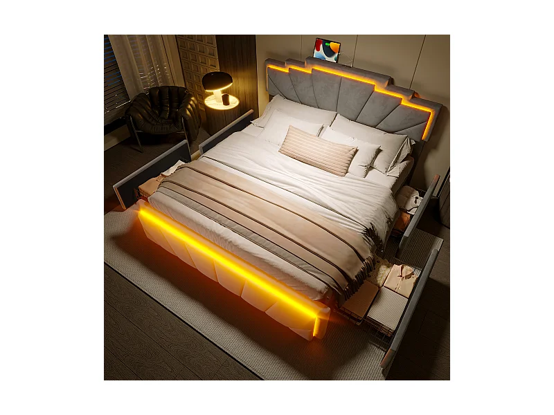 Gepolstertes Bett mit Stauraum - 140 x 200 cm - mit Kopfteil + LEDs + USB Typ-C + 4 Schubladen - Samt - Grau