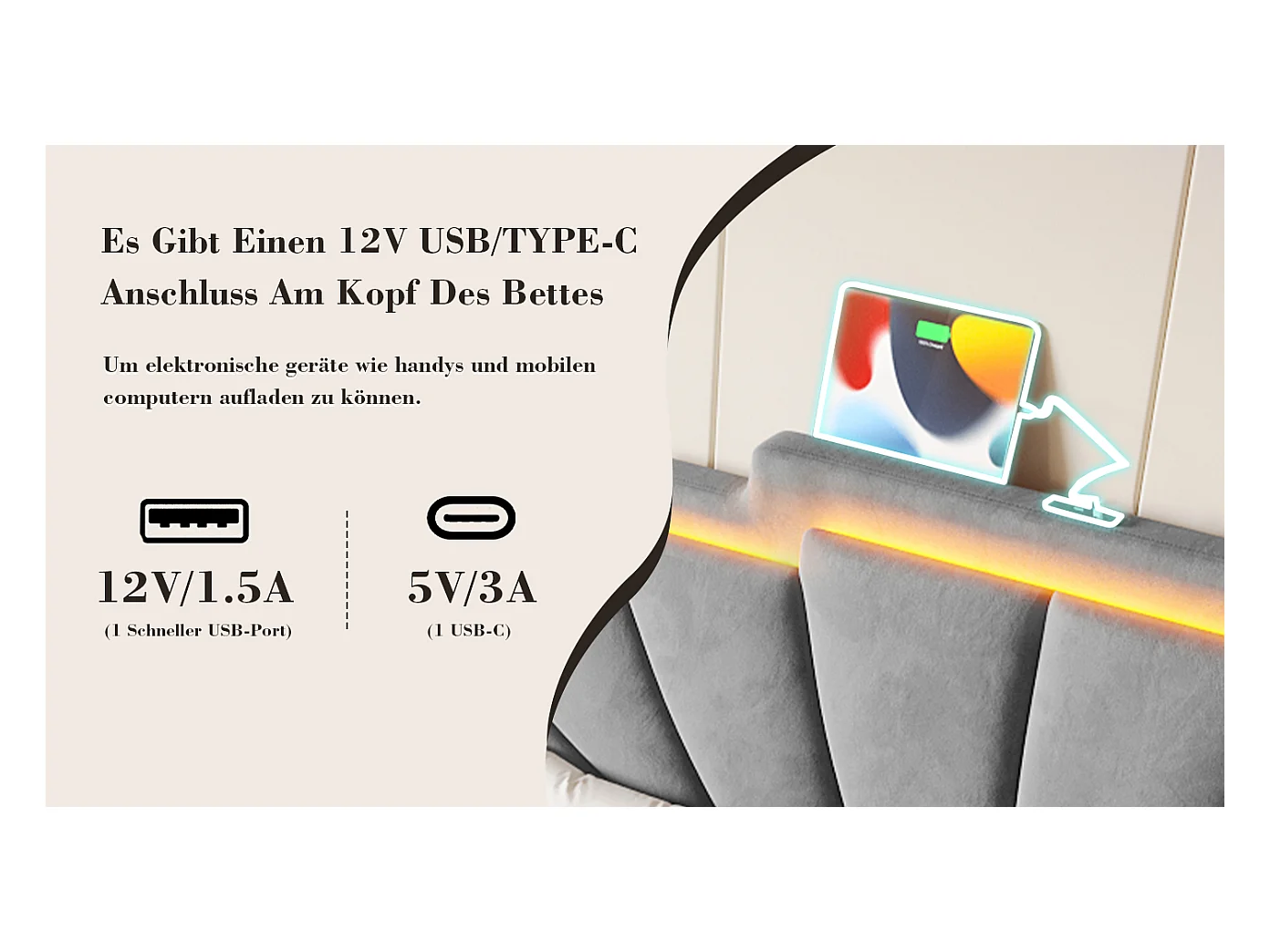 Lit coffre rembourré  - 140 x 200 cm - avec tête de lit + Leds + USB Type-C + 4 tiroirs - velours - gris