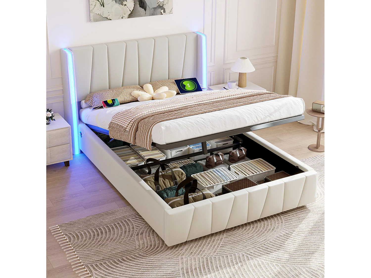 Cama de casal com gavetão estofada - 160 x 200 cm - com portas USB + LEDs - compartimento hidráulico - veludo - bege