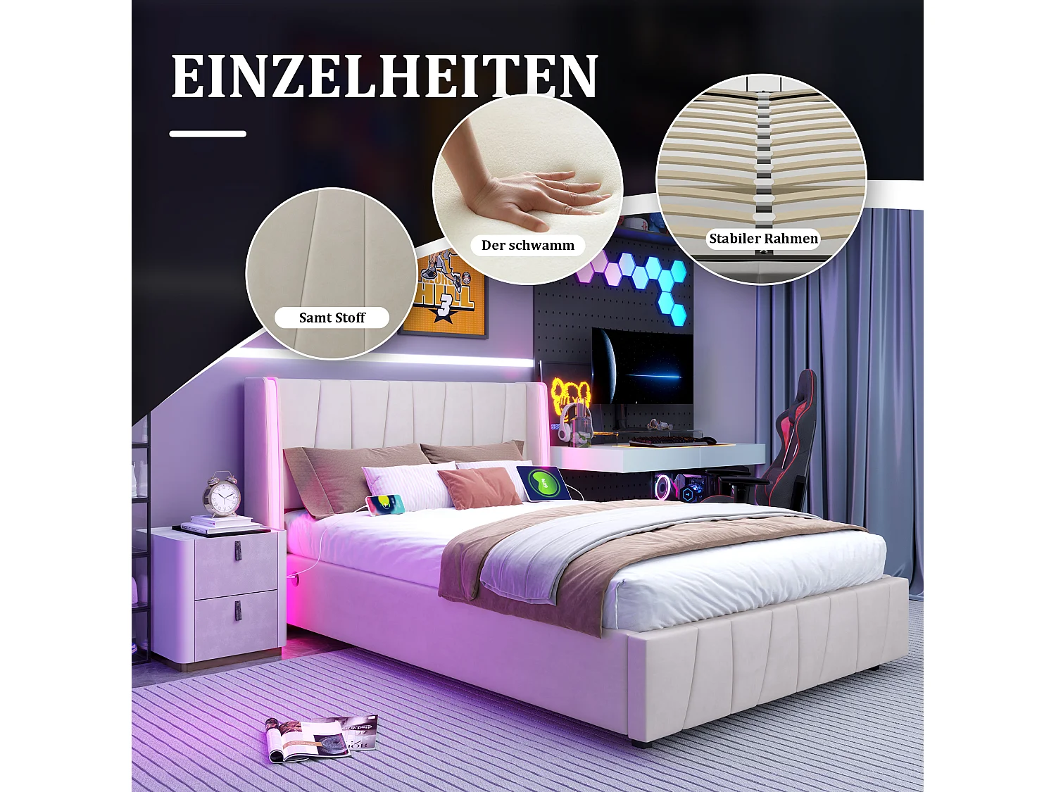 Cama de casal com gavetão estofada - 160 x 200 cm - com portas USB + LEDs - compartimento hidráulico - veludo - bege