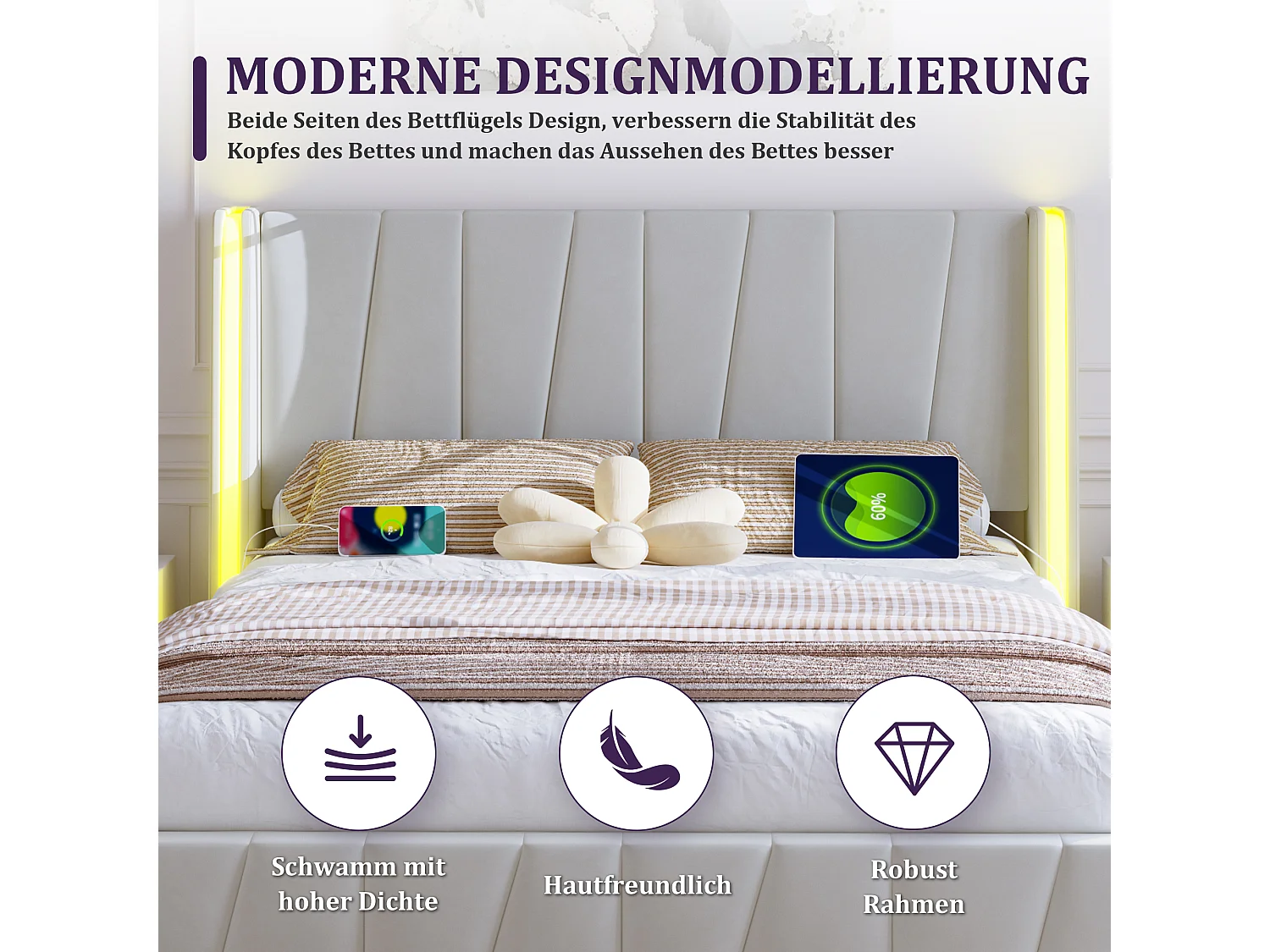 Cama de casal com gavetão estofada - 160 x 200 cm - com portas USB + LEDs - compartimento hidráulico - veludo - bege