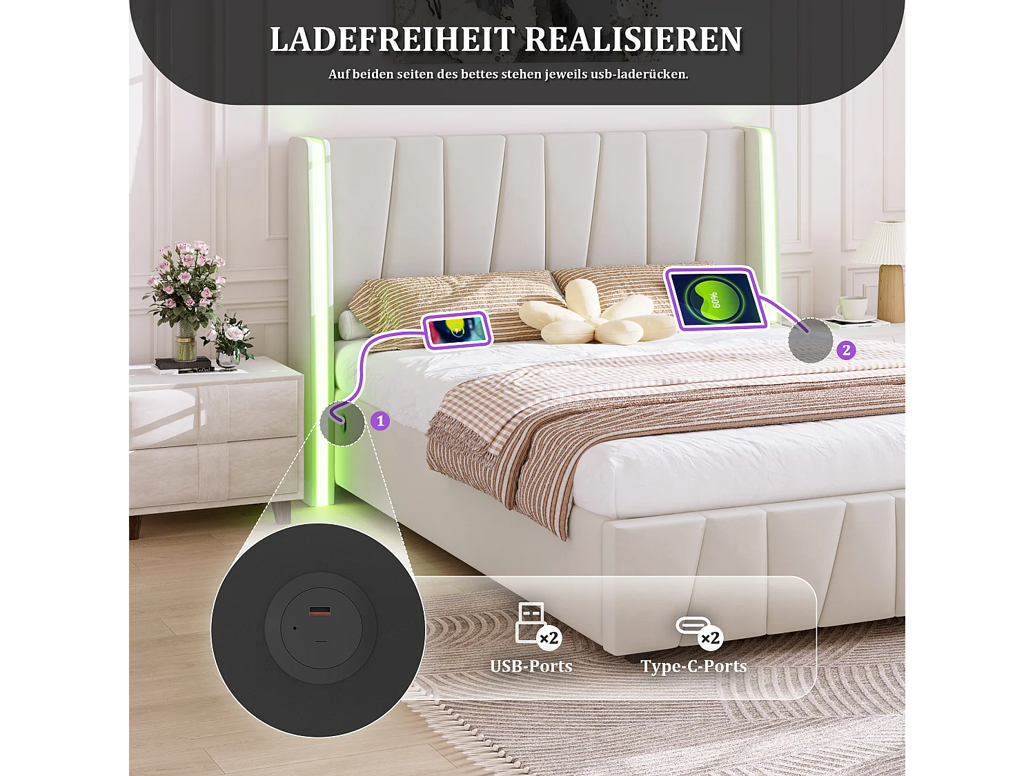 Cama de casal com gavetão estofada - 160 x 200 cm - com portas USB + LEDs - compartimento hidráulico - veludo - bege