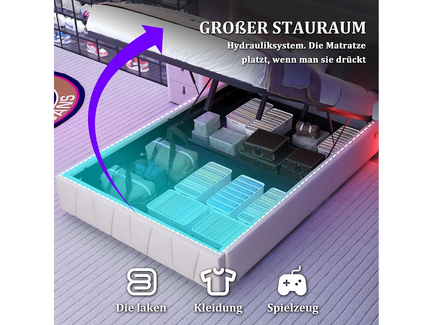 Cama de casal com gavetão estofada - 160 x 200 cm - com portas USB + LEDs - compartimento hidráulico - veludo - bege