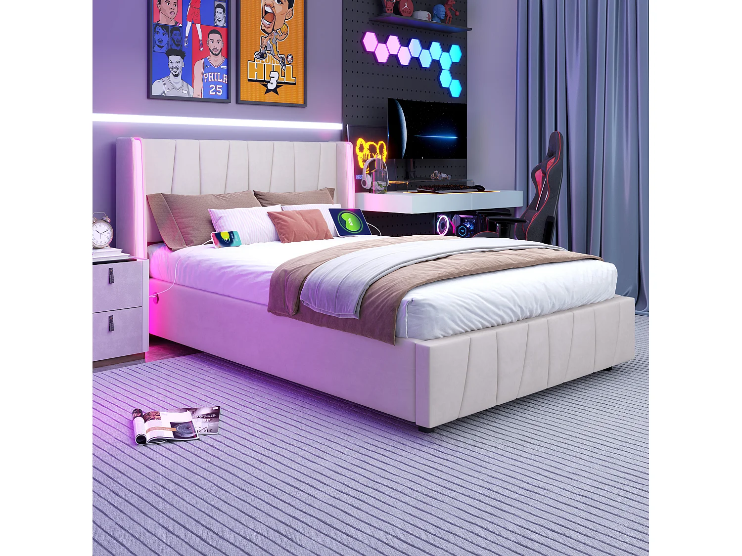 Cama de casal com gavetão estofada - 160 x 200 cm - com portas USB + LEDs - compartimento hidráulico - veludo - bege