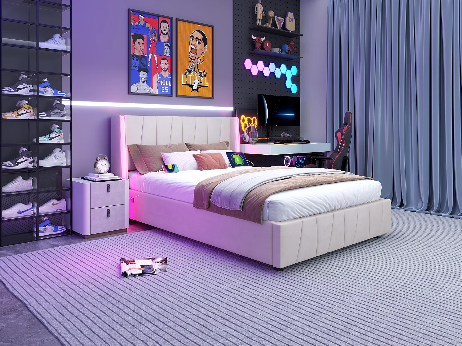 Cama de casal com gavetão estofada - 160 x 200 cm - com portas USB + LEDs - compartimento hidráulico - veludo - bege