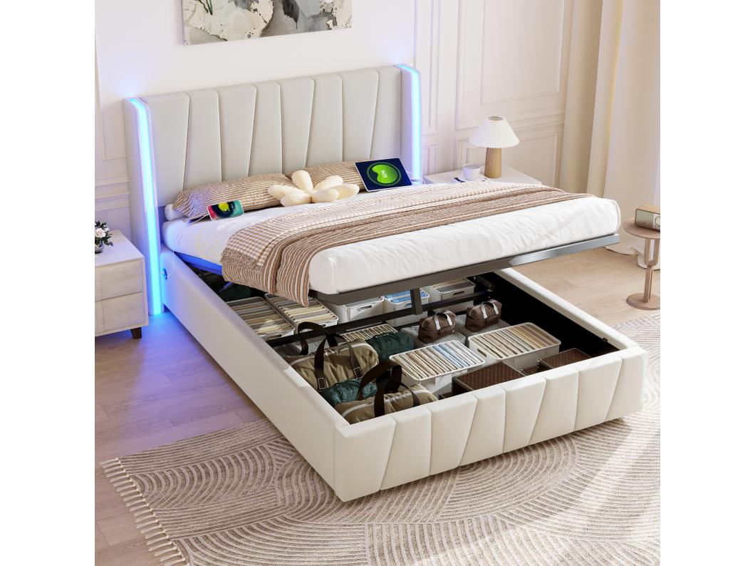 Gestoffeerd bed met opbergruimte - 160 x 200 cm - met USB-aansluitingen + led-verlichting - hydraulische opbergruimte - fluweel - beige