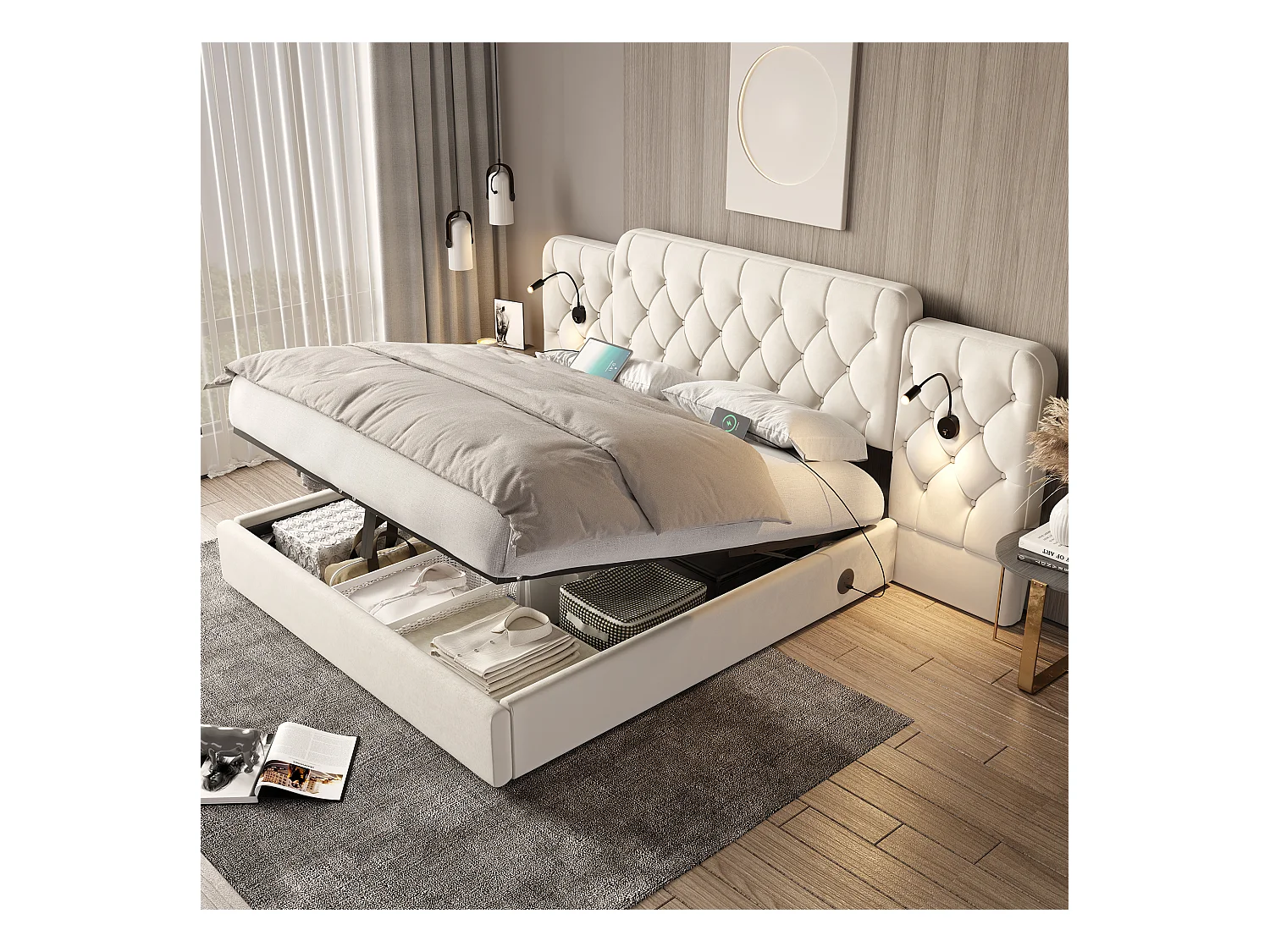 Lit coffre rembourré - 160 x 200 cm - avec tête de lit longue + ports USB + lampe de bureau - velours - beige