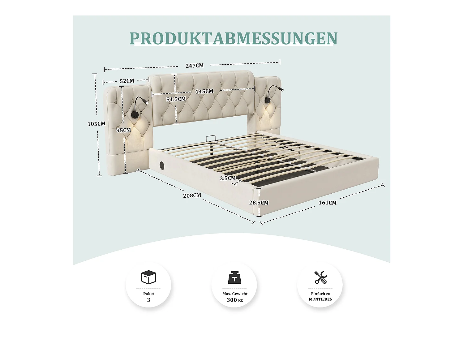 Lit coffre rembourré - 160 x 200 cm - avec tête de lit longue + ports USB + lampe de bureau - velours - beige