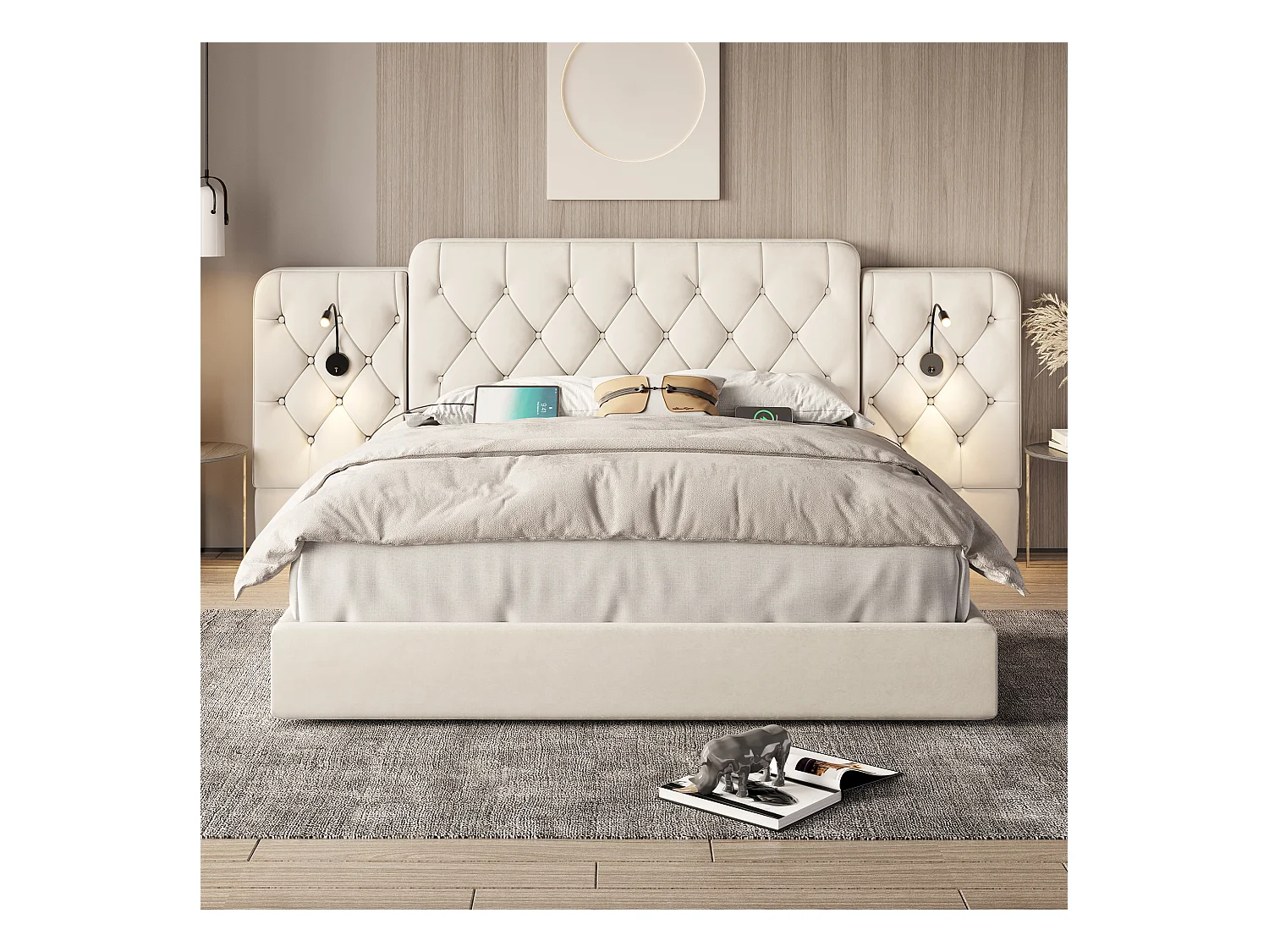 Lit coffre rembourré - 160 x 200 cm - avec tête de lit longue + ports USB + lampe de bureau - velours - beige