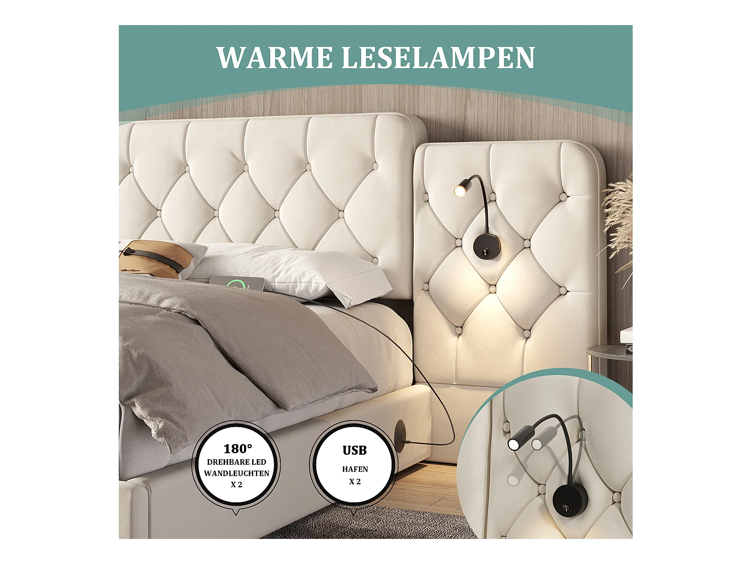 Lit coffre rembourré - 160 x 200 cm - avec tête de lit longue + ports USB + lampe de bureau - velours - beige