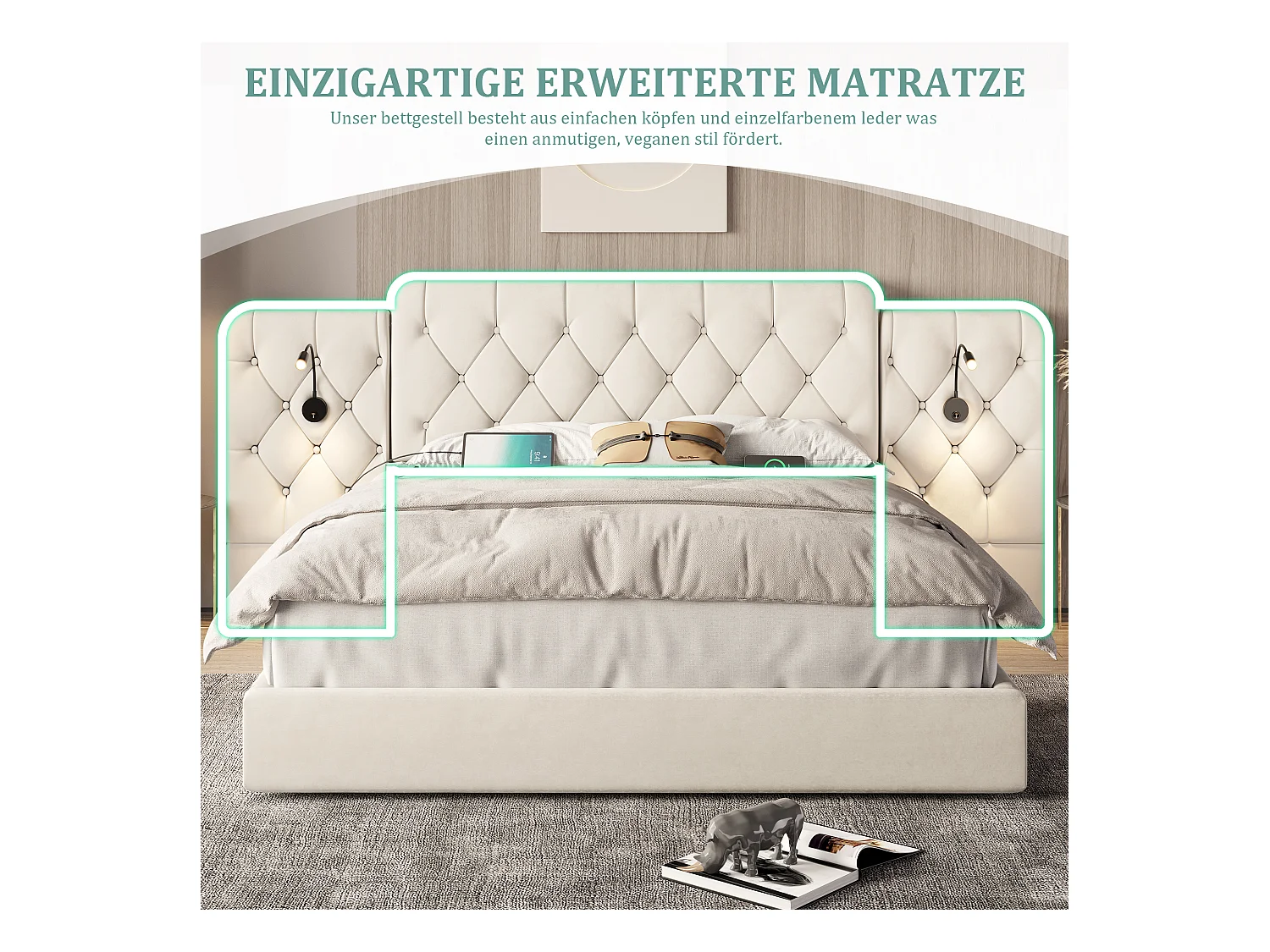 Lit coffre rembourré - 160 x 200 cm - avec tête de lit longue + ports USB + lampe de bureau - velours - beige