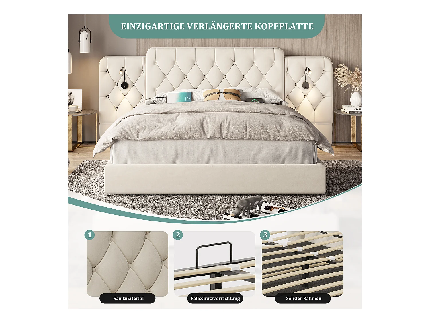 Lit coffre rembourré - 160 x 200 cm - avec tête de lit longue + ports USB + lampe de bureau - velours - beige