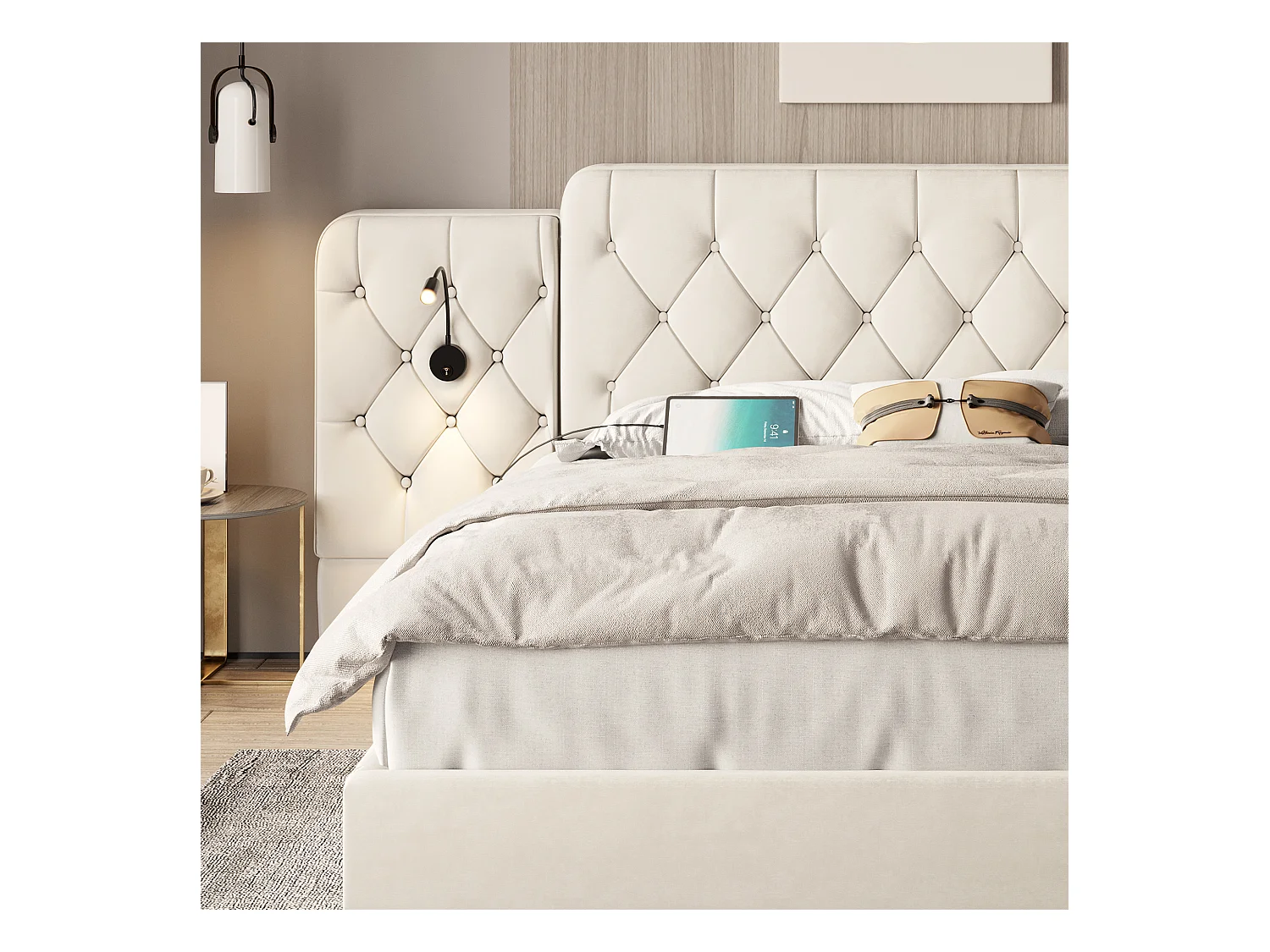 Lit coffre rembourré - 160 x 200 cm - avec tête de lit longue + ports USB + lampe de bureau - velours - beige