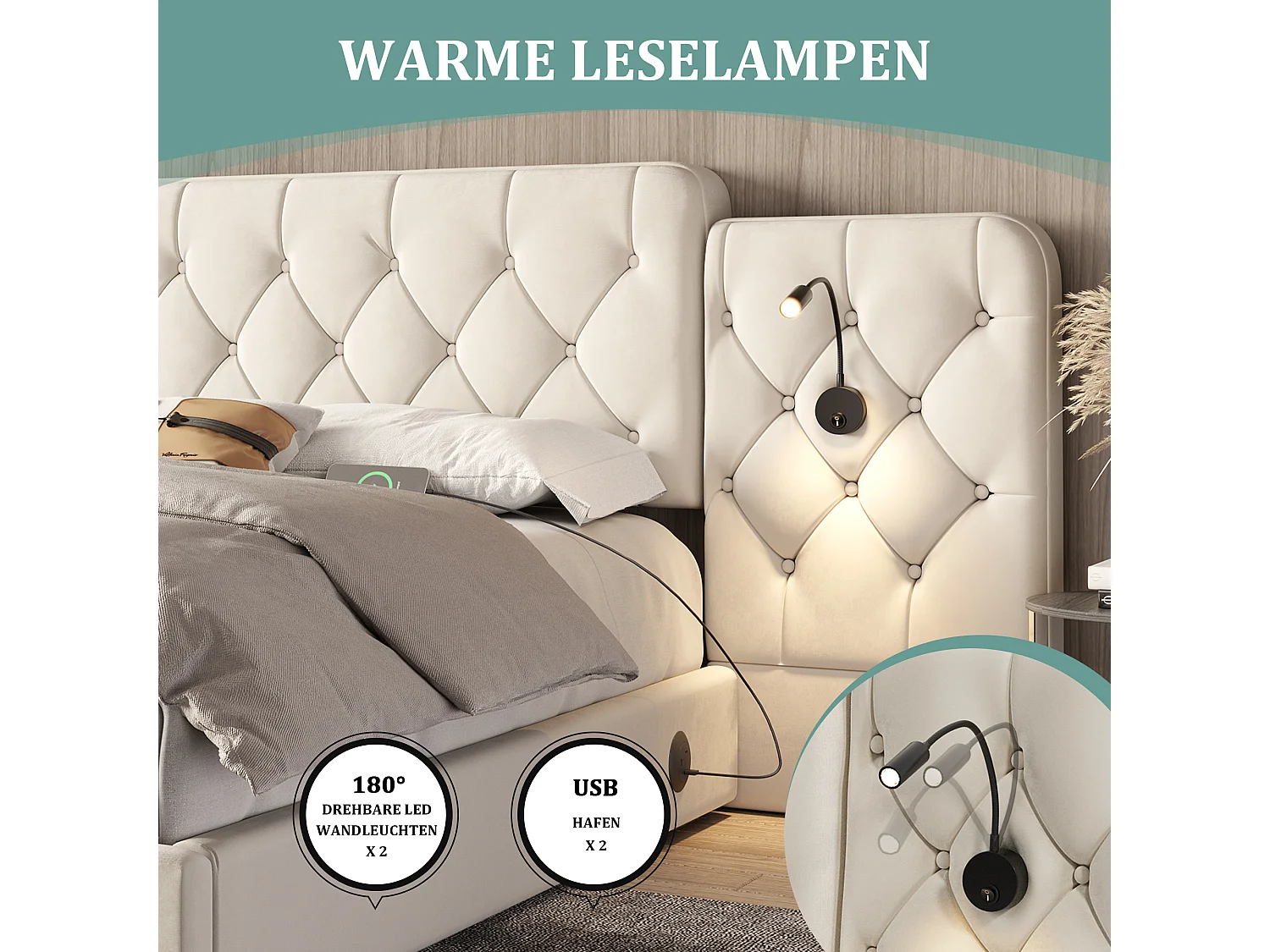 Lit coffre rembourré - 160 x 200 cm - avec tête de lit longue + ports USB + lampe de bureau - velours - beige