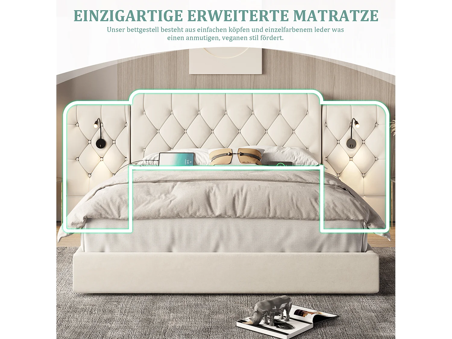 Lit coffre rembourré - 160 x 200 cm - avec tête de lit longue + ports USB + lampe de bureau - velours - beige