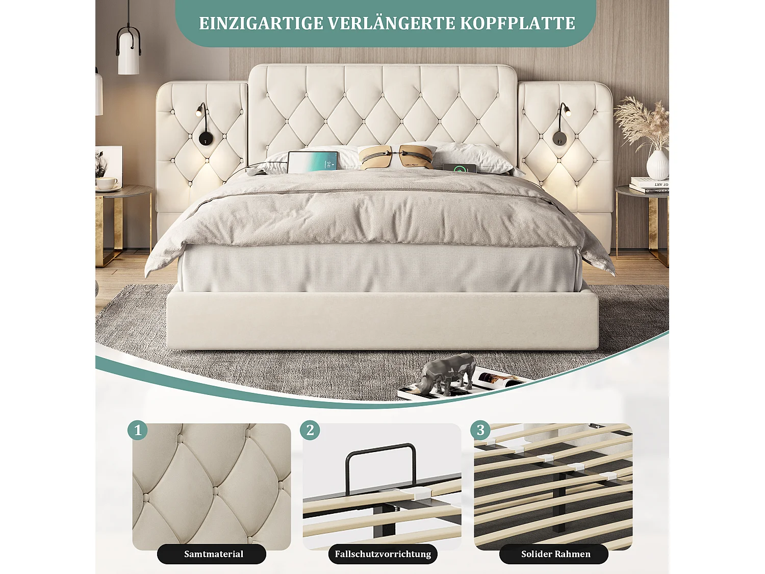 Lit coffre rembourré - 160 x 200 cm - avec tête de lit longue + ports USB + lampe de bureau - velours - beige