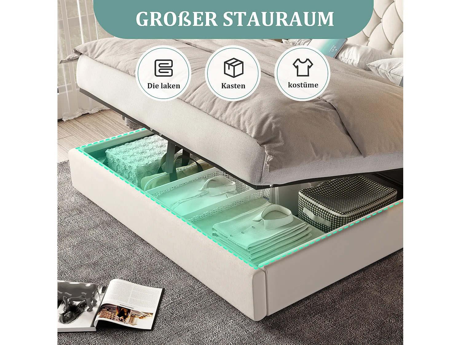 Lit coffre rembourré - 160 x 200 cm - avec tête de lit longue + ports USB + lampe de bureau - velours - beige