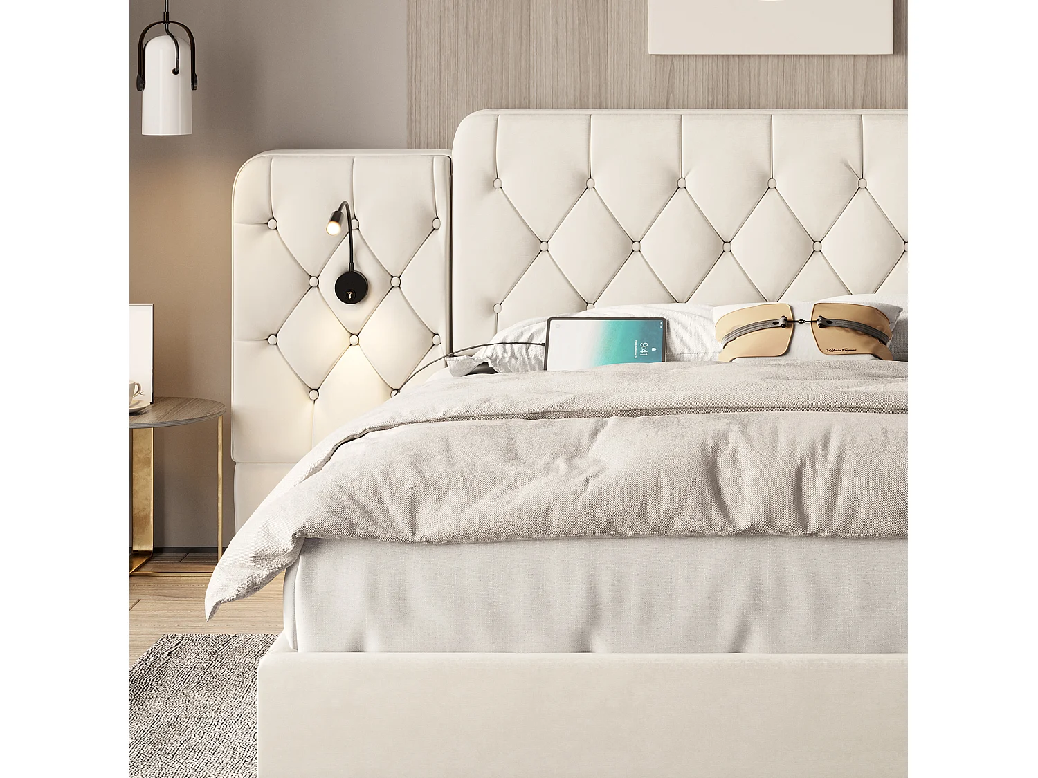 Lit coffre rembourré - 160 x 200 cm - avec tête de lit longue + ports USB + lampe de bureau - velours - beige