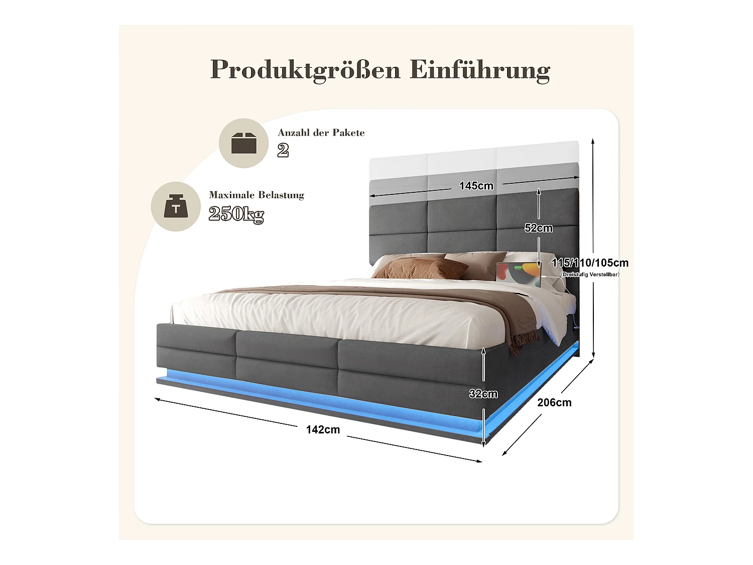 Lit coffre rembourré - 140 x 200 cm - tête de lit réglable - avec USB + Leds - rangement hydraulique - velours - gris