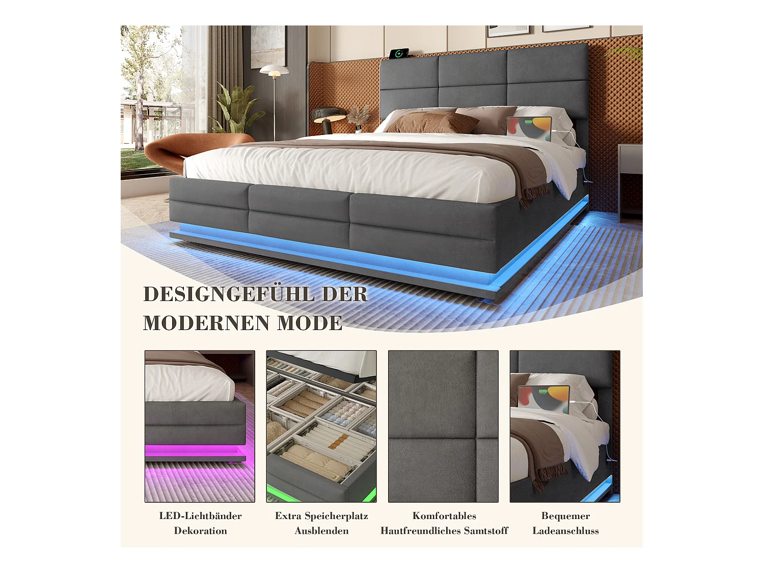 Lit coffre rembourré - 140 x 200 cm - tête de lit réglable - avec USB + Leds - rangement hydraulique - velours - gris