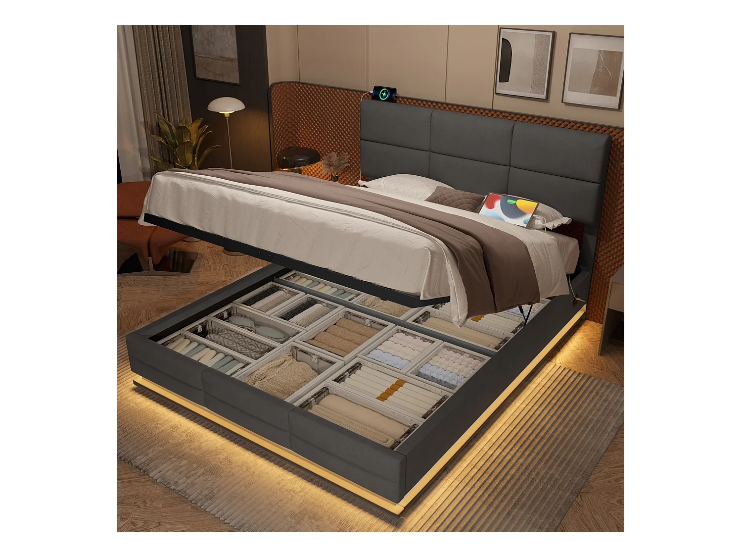 Lit coffre rembourré - 140 x 200 cm - tête de lit réglable - avec USB + Leds - rangement hydraulique - velours - gris