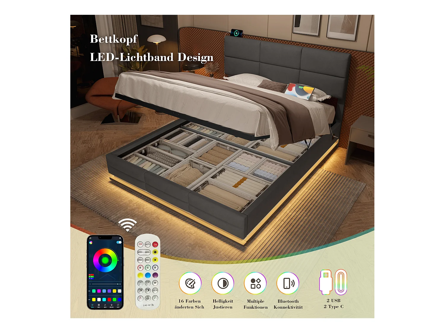 Lit coffre rembourré - 140 x 200 cm - tête de lit réglable - avec USB + Leds - rangement hydraulique - velours - gris