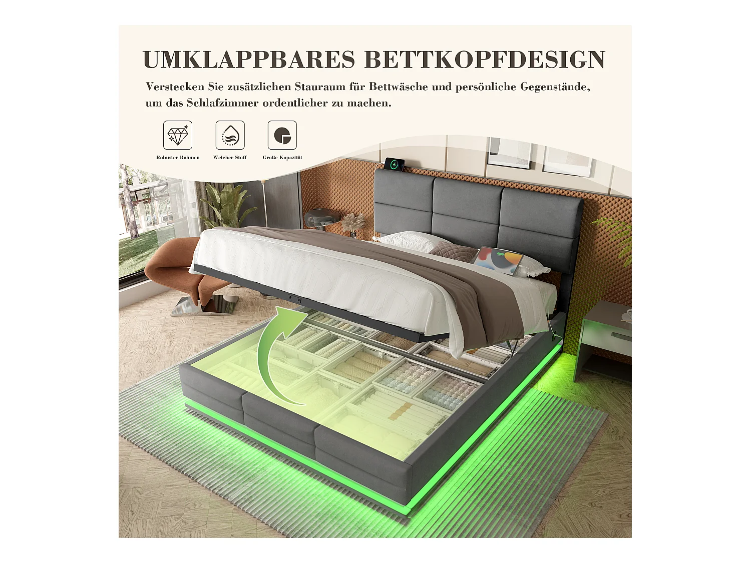 Lit coffre rembourré - 140 x 200 cm - tête de lit réglable - avec USB + Leds - rangement hydraulique - velours - gris