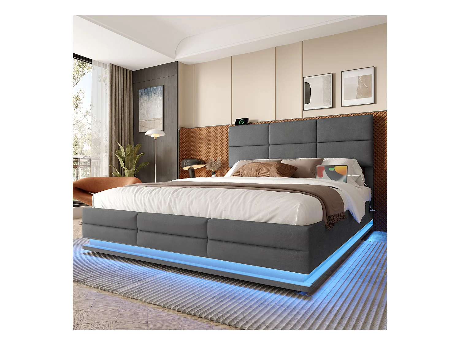 Lit coffre rembourré - 140 x 200 cm - tête de lit réglable - avec USB + Leds - rangement hydraulique - velours - gris