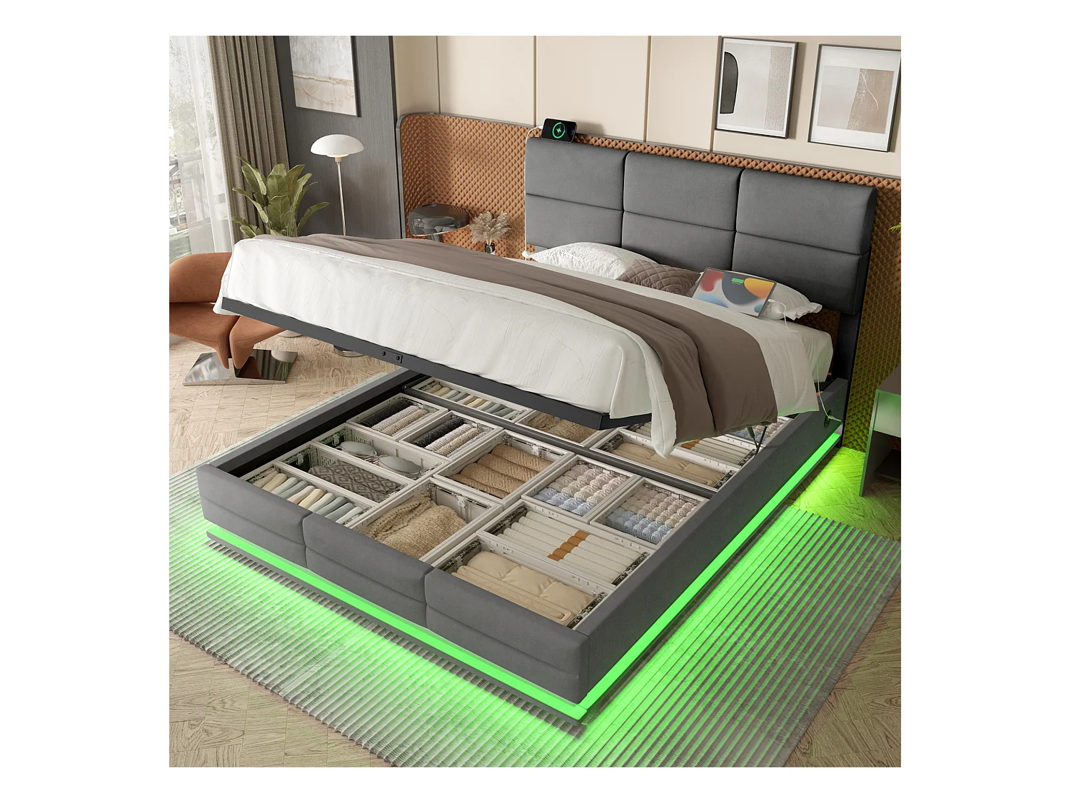 Lit coffre rembourré - 140 x 200 cm - tête de lit réglable - avec USB + Leds - rangement hydraulique - velours - gris