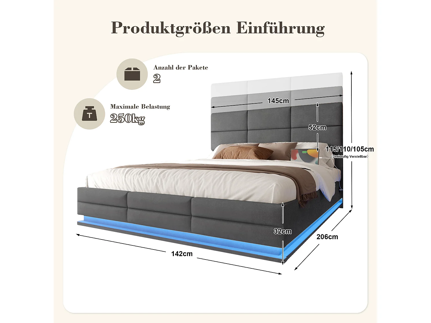 Łóżko tapicerowane ze schowkiem - 140 x 200 cm - regulowany zagłówek - z USB + LED - hydrauliczny schowek - aksamit - szary