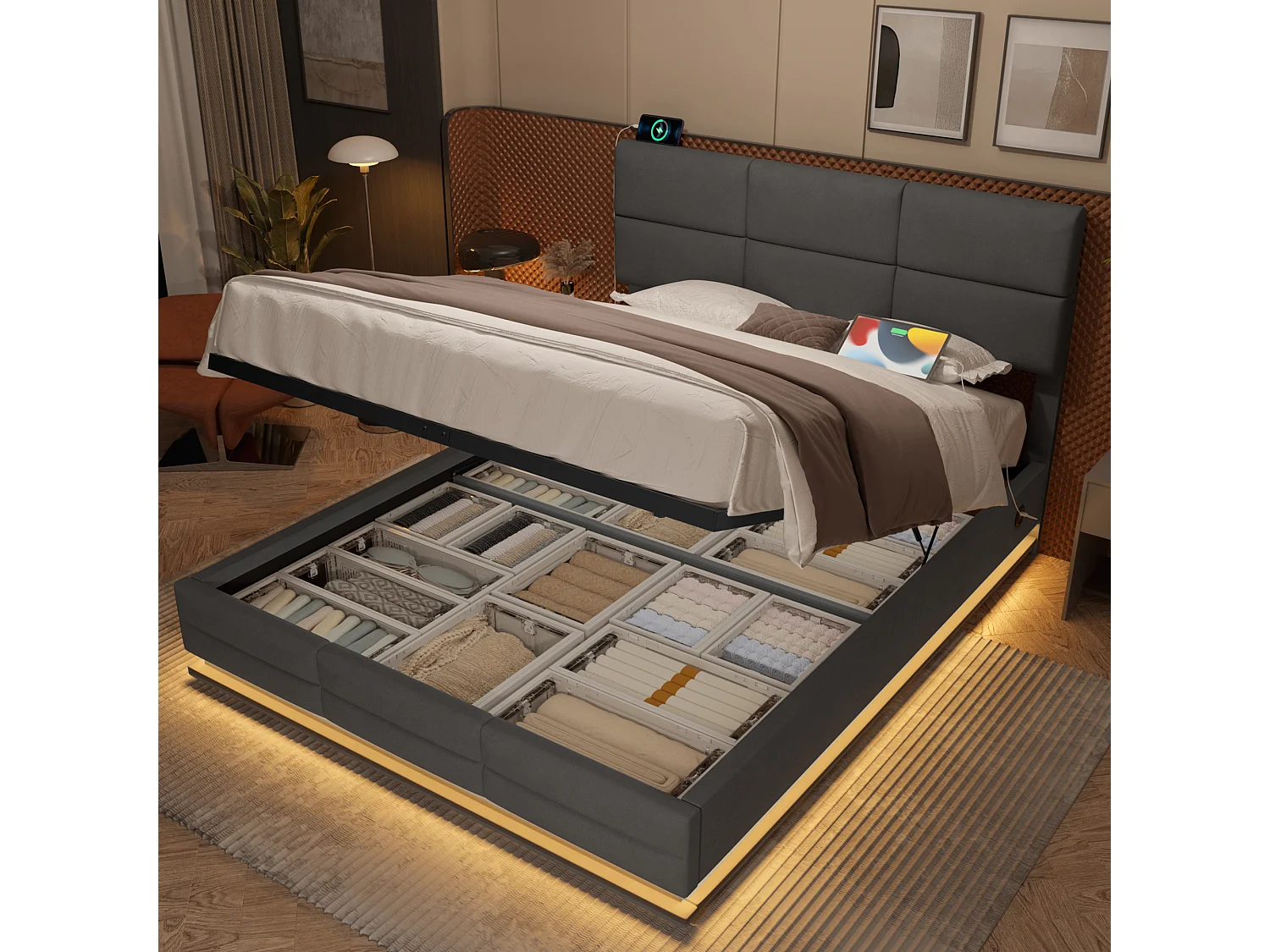 Łóżko tapicerowane ze schowkiem - 140 x 200 cm - regulowany zagłówek - z USB + LED - hydrauliczny schowek - aksamit - szary