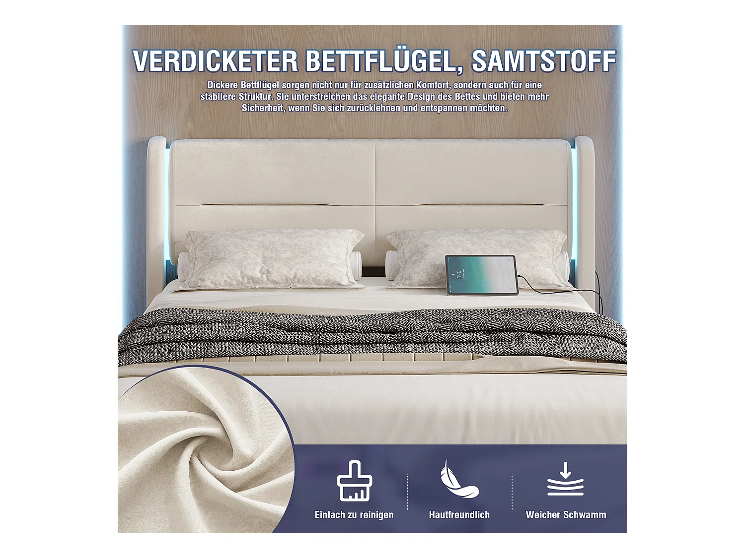 Lit coffre moderne - 140 x 200 cm - tête de lit avec Leds + 4 tiroirs + 2 USB - velours - beige