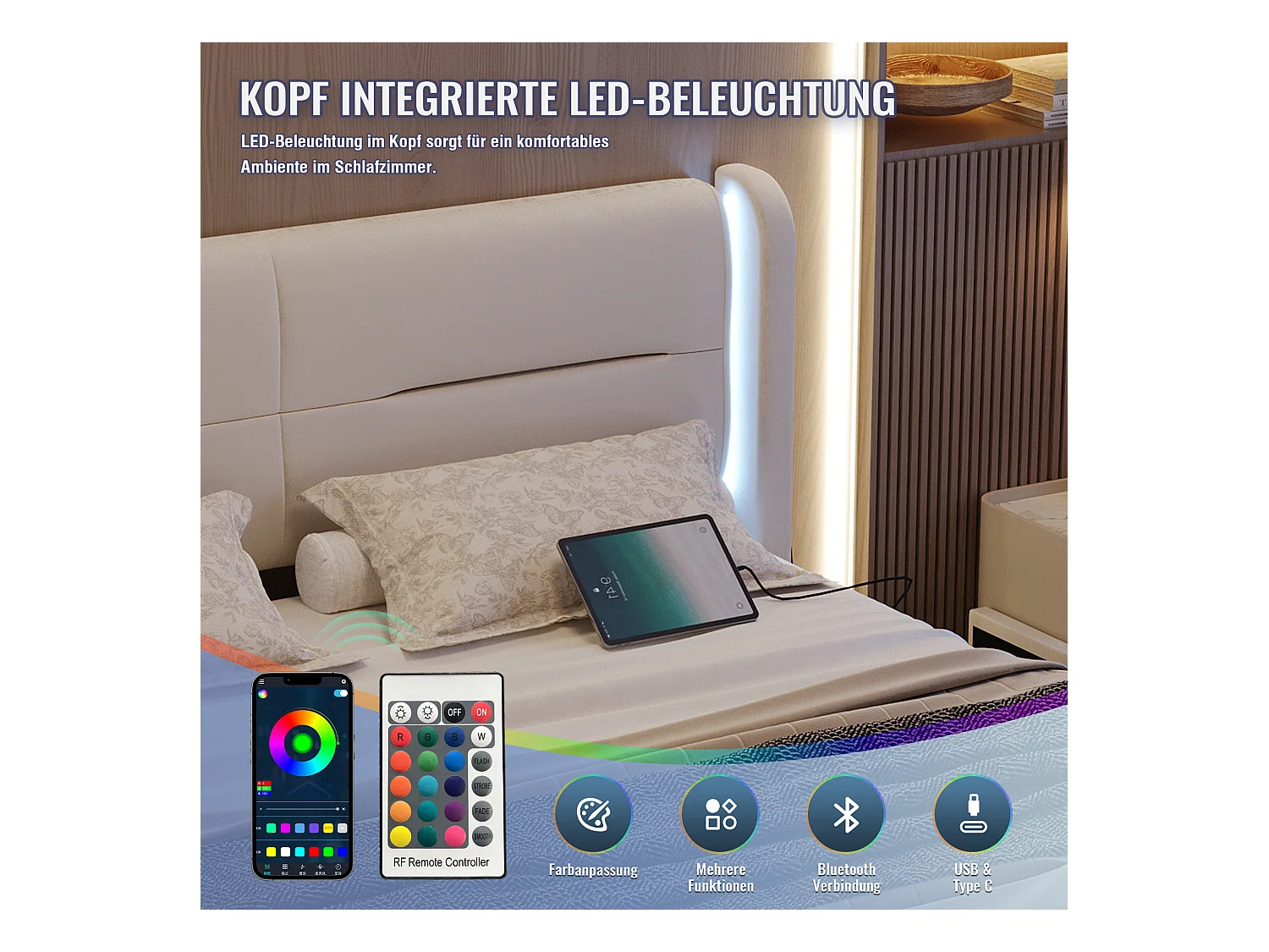 Lit coffre moderne - 140 x 200 cm - tête de lit avec Leds + 4 tiroirs + 2 USB - velours - beige