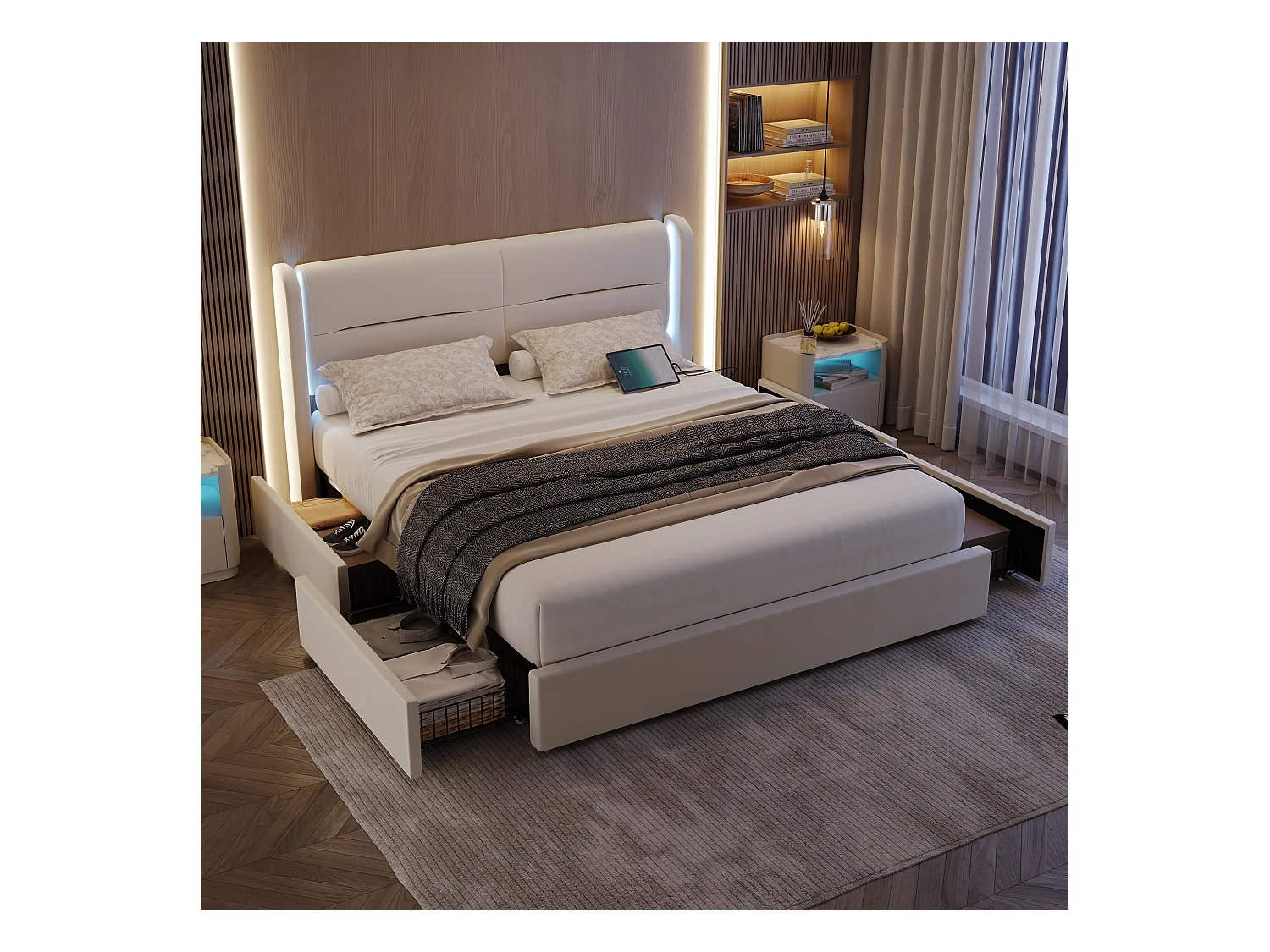 Lit coffre moderne - 140 x 200 cm - tête de lit avec Leds + 4 tiroirs + 2 USB - velours - beige