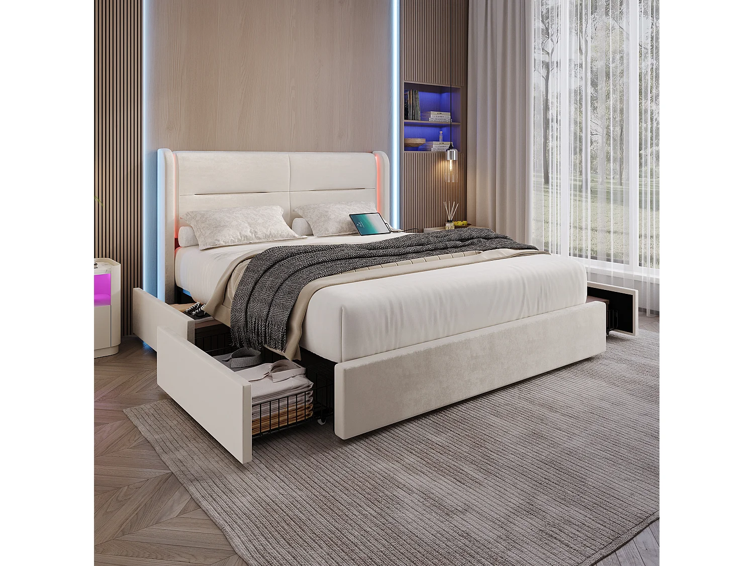Cama moderna con almacenaje - 140 x 200 cm - cabecero con LED + 4 cajones + 2 USB - terciopelo - beige