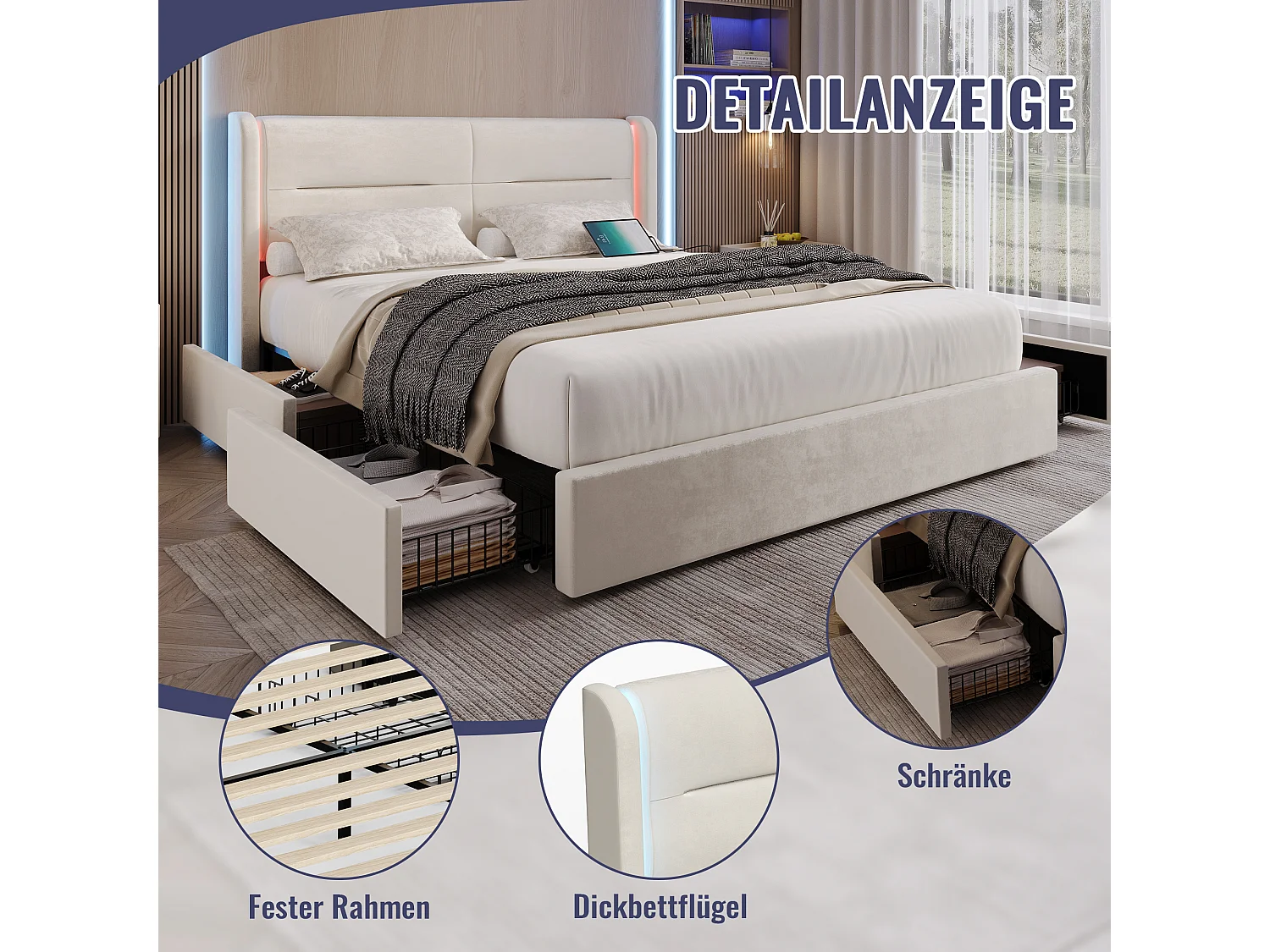 Cama moderna con almacenaje - 140 x 200 cm - cabecero con LED + 4 cajones + 2 USB - terciopelo - beige