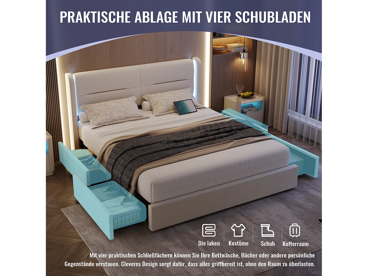 Cama moderna con almacenaje - 140 x 200 cm - cabecero con LED + 4 cajones + 2 USB - terciopelo - beige