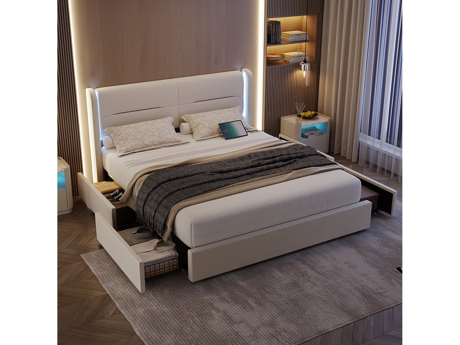 Cama moderna con almacenaje - 140 x 200 cm - cabecero con LED + 4 cajones + 2 USB - terciopelo - beige