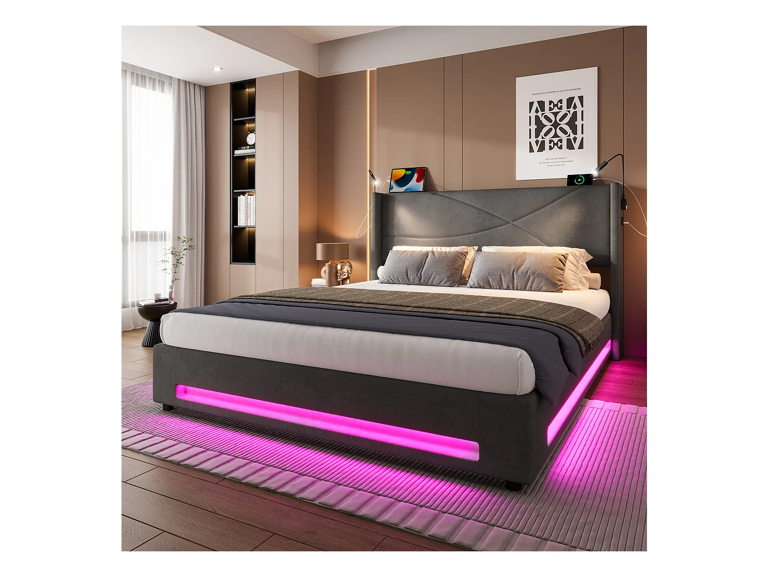 Lit coffre rembourré - 160 x 200 cm - avec 2 lampes + Leds +  ports USB - rangement hydraulique - velours - gris