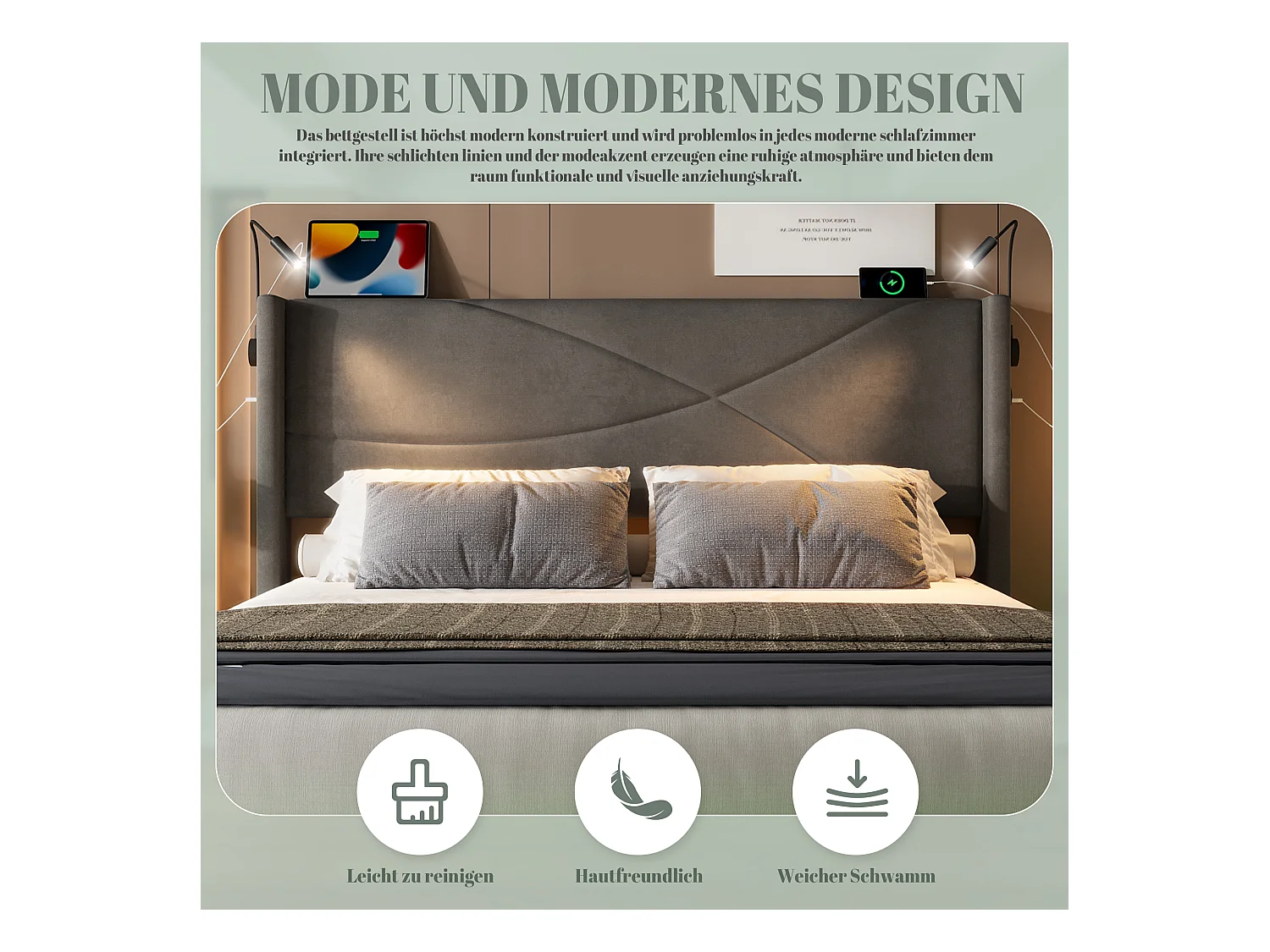 Lit coffre rembourré - 160 x 200 cm - avec 2 lampes + Leds +  ports USB - rangement hydraulique - velours - gris