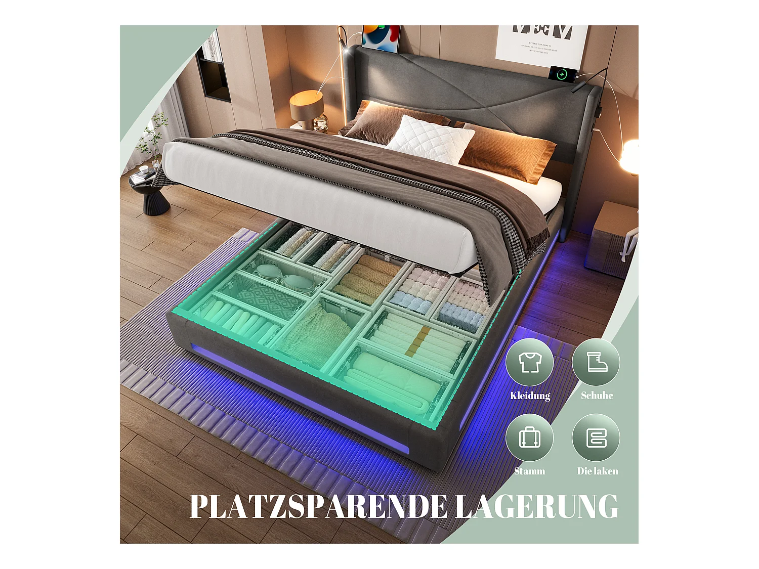 Lit coffre rembourré - 160 x 200 cm - avec 2 lampes + Leds +  ports USB - rangement hydraulique - velours - gris