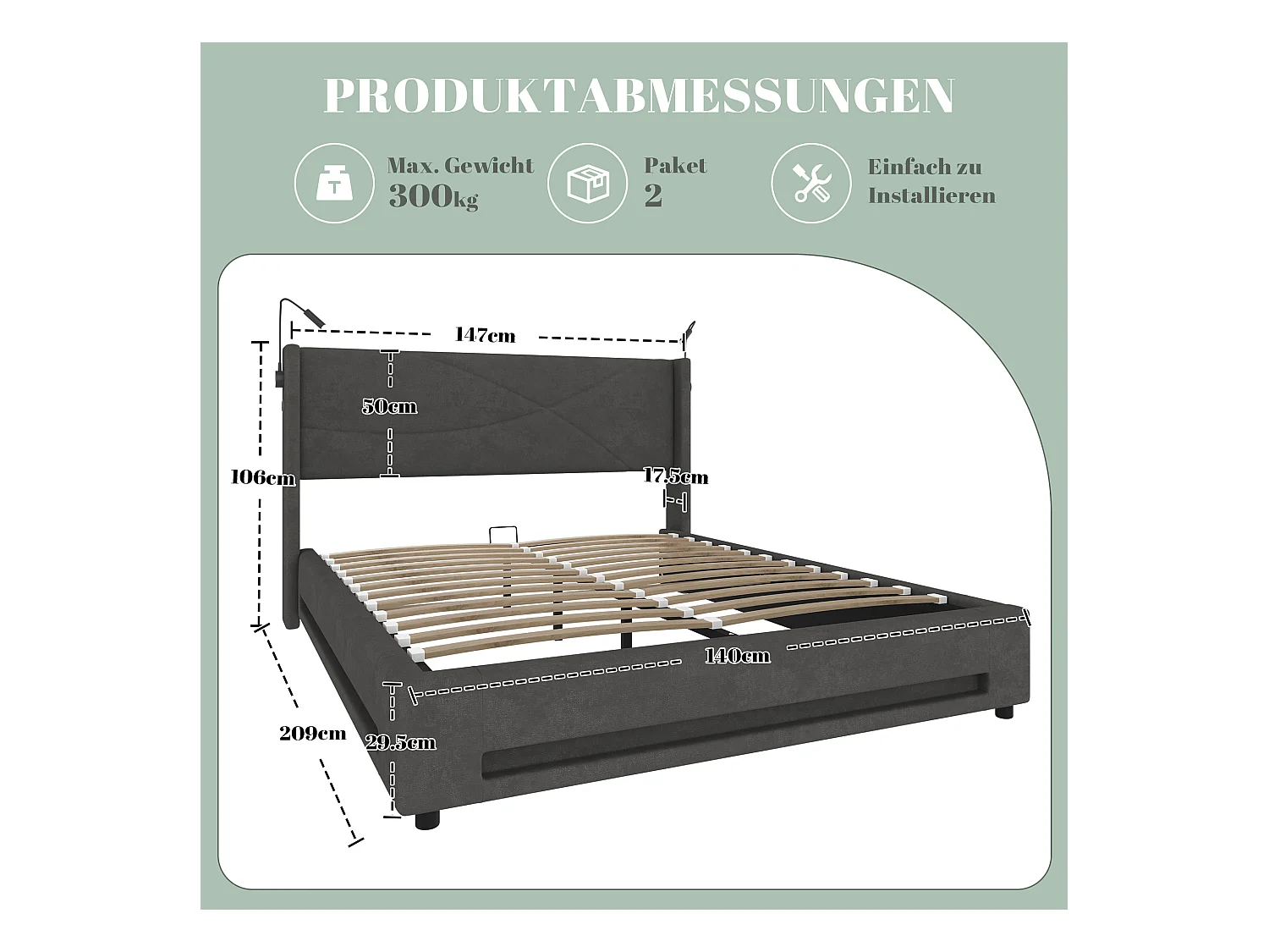 Gepolstertes Bett mit Stauraum – 140 x 200 cm – mit 2 Lampen + LEDs + USB-Anschlüssen – hydraulischer Stauraum – Samt – Grau