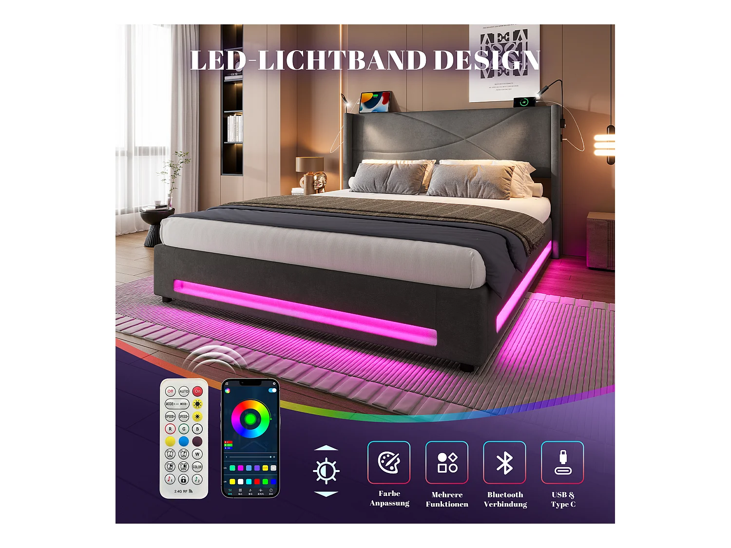 Gepolstertes Bett mit Stauraum – 140 x 200 cm – mit 2 Lampen + LEDs + USB-Anschlüssen – hydraulischer Stauraum – Samt – Grau
