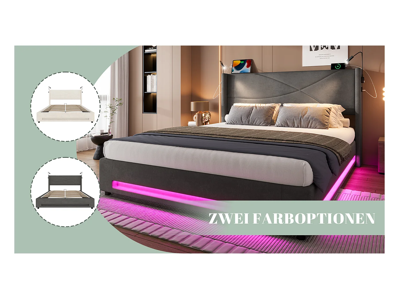 Gepolstertes Bett mit Stauraum – 140 x 200 cm – mit 2 Lampen + LEDs + USB-Anschlüssen – hydraulischer Stauraum – Samt – Grau