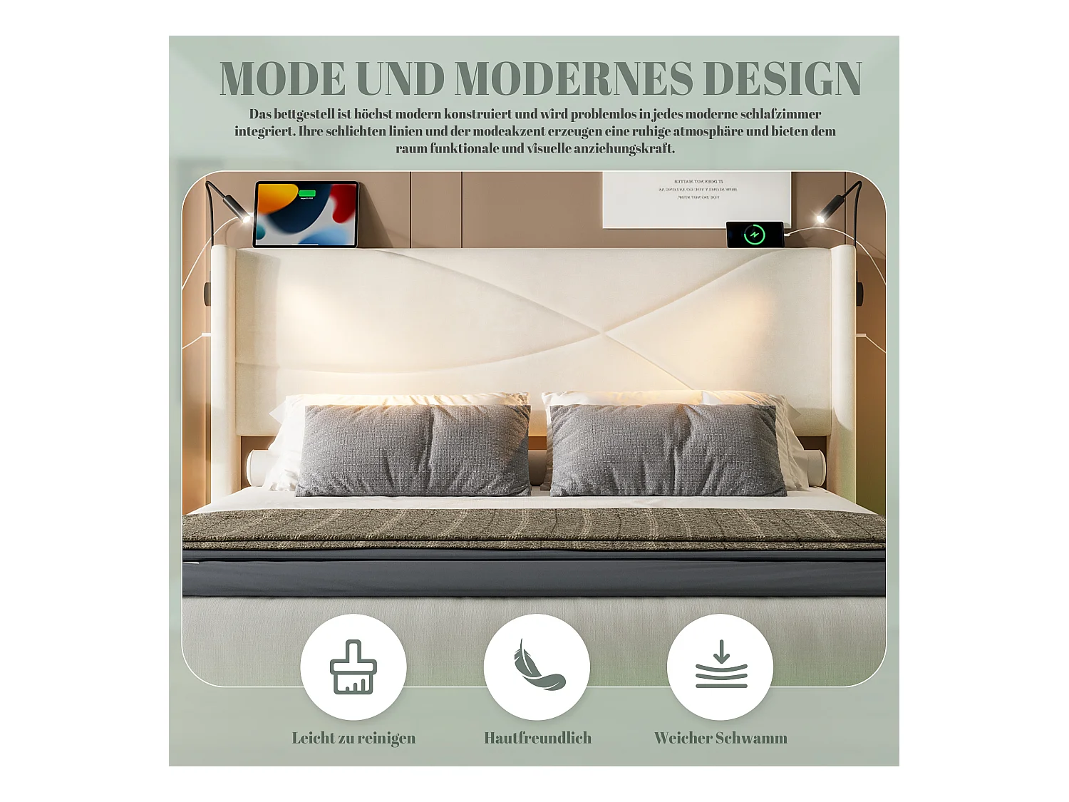 Lit coffre rembourré - 160 x 200 cm - avec 2 lampes + Leds +  ports USB - rangement hydraulique - velours - beige