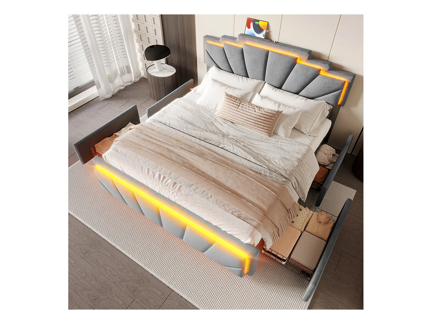 Lit coffre rembourré  - 160 x 200 cm - avec tête de lit + Leds + USB Type-C + 4 tiroirs - velours - gris