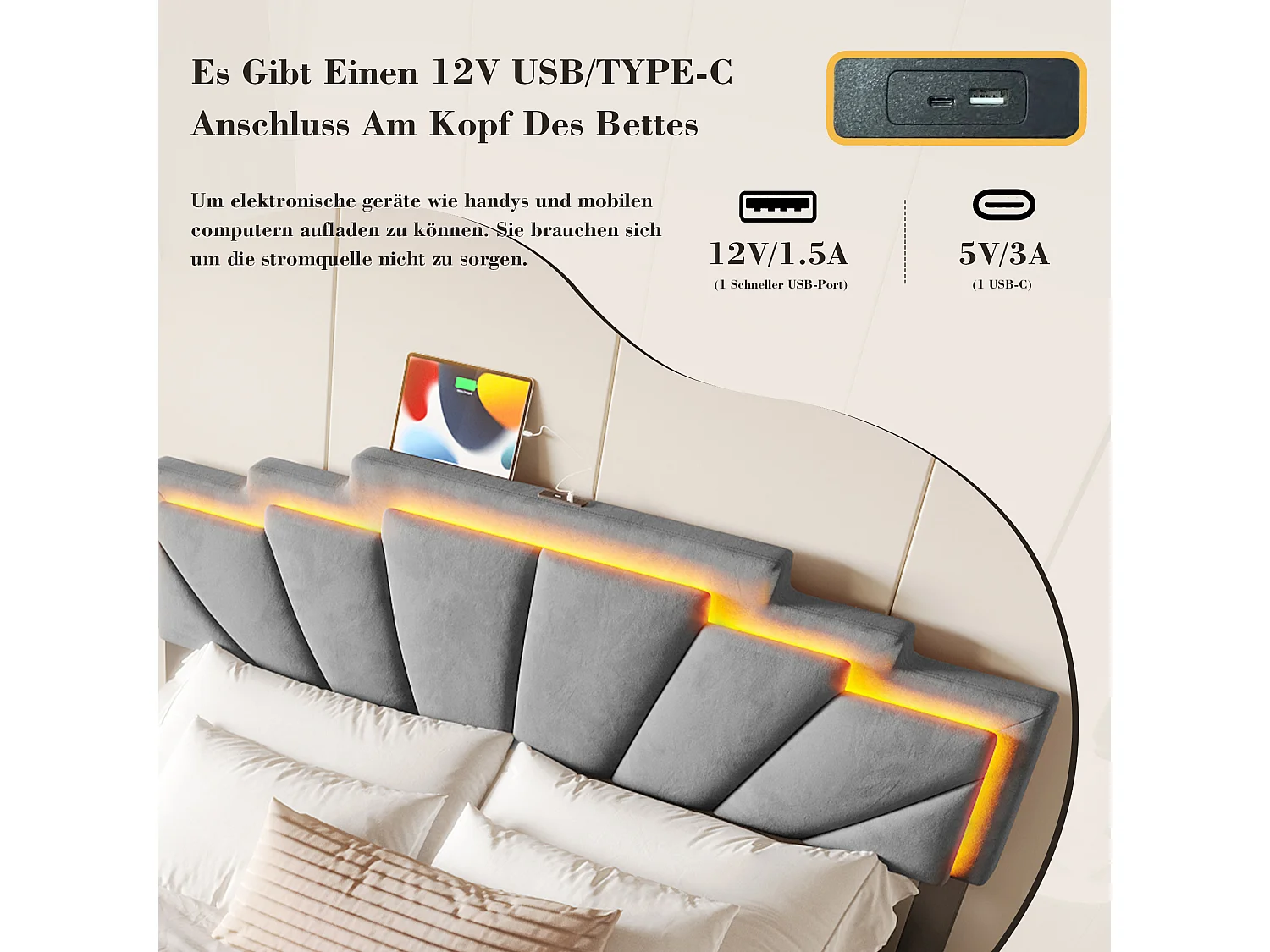 Gestoffeerd opbergbed - 160 x 200 cm - met hoofdeinde + LED's + USB Type-C + 4 lades - fluweel - grijs